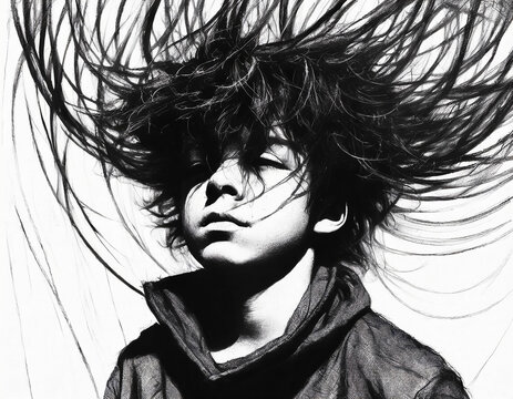 Tr&egrave;s belle illustration, dessin noir et blanc, portrait d'un jeune gar&ccedil;on de face, projection de lignes en spirales autour de la t&ecirc;te, concept de mal &ecirc;tre, anxi&eacute;t&eacute;, troubles de la personnalit&eacute;