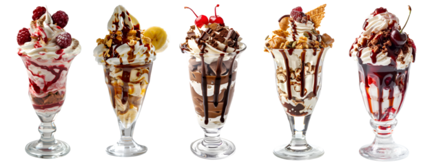 Collection of Sundae sundaes milkshake ice cream frozen dessert in tulip glass cup on transparent background cutout, PNG file. Many assorted different flavour Mockup template for artwork design