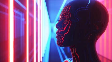 Artificial Intelligence assistant, sleek design, processing data in a modern, high-tech lab, under vibrant neon lighting, 3D render, Silhouette Lighting, Chromatic Aberration - obrazy, fototapety, plakaty