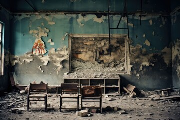 Damaged and abandoned school. a classroom ruined by war. war destruction concept. humanity in danger. Generative AI