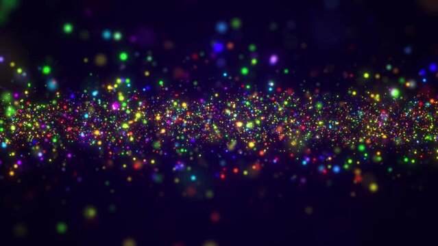 Abstract background of magic dust particles, colorful particles glow, shiny bright bokeh dots, beautiful nebula, fairy dust, seamless loop, 4K.