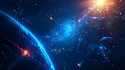 Black blue tech futuristic background. Abstract vector. Sunrise. Satellites and rockets in orbit of planet Earth. Plasma clot of energy. Glowing rays with flickering particles. Science and technology