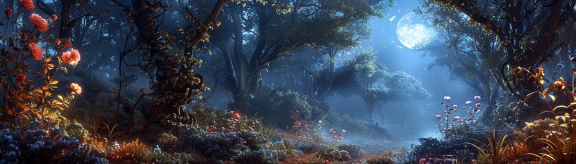 Enchanted Forest, with twisting vines and vibrant flowers, a magical realm where fairies dwell, bathed in the soft light of a full moon, 3D render, silhouette lighting, chromatic aberration - obrazy, fototapety, plakaty