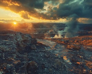 Geothermal activity, steam rising from hot springs, rocks glowing red from heat, the earths raw power on display Photography Golden hour lighting, Vignette
