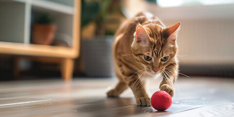 Ginger cat jumping around playing with a cat toy at home. Having fun with pets indoors. Super wide angle shot. - obrazy, fototapety, plakaty