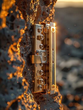 Latch Mechanism, Titanium Alloy, Automated System, A docking port opening to receive a returning spacecraft on a Mars colony, Realistic, Golden hour, Bokeh effect