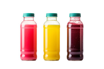 Three Bottles of Juice Aligned in a Row. On a White or Clear Surface PNG Transparent Background.