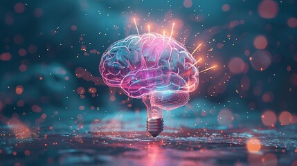Sleek 3D rendering of a brain interwoven with light bulb filaments vibrant against pastel indigo depicting bursts of creative thought - obrazy, fototapety, plakaty
