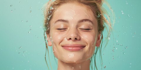Young woman with clean skin and splashes of water around her face, solid pastel background. Spa treatment, keeping hydrated, skincare routine. - obrazy, fototapety, plakaty