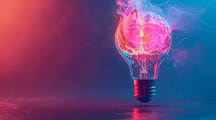 3D brain with light bulb contour showcasing vibrant neural activity set on a minimalist pastel indigo background embodying creative inspiration - obrazy, fototapety, plakaty