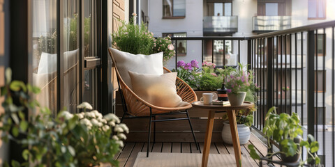Fototapeta na wymiar Cozy balcony or small terrace with simple furniture, blossoming plants in flower pots and soft pillows. Charming sunny day in summer city.