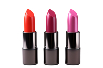 Three Lipsticks Lined Up in a Row. On a White or Clear Surface PNG Transparent Background.