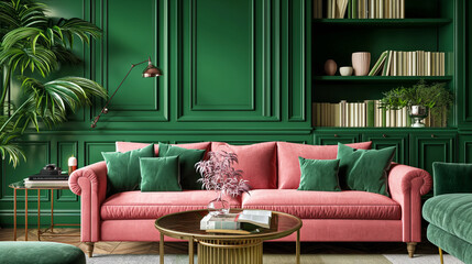 Obraz premium Interior of a room with green walls, pink sofa, bookshelves, indoor plants