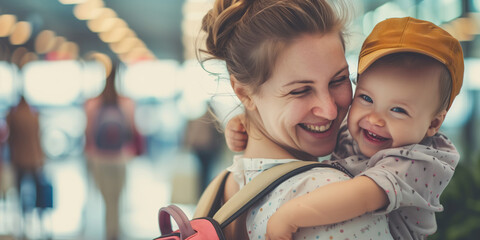 Young mother and her baby ready to go travelling together. Mom and child waiting to board a plane at an airport. Summer vacation and holidays with small kids. - obrazy, fototapety, plakaty