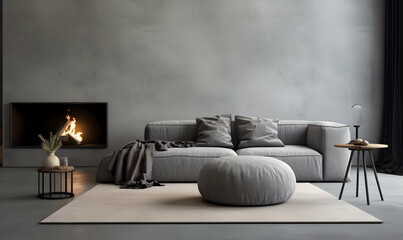 Cozy grey sofa coffee table and pouf with soft