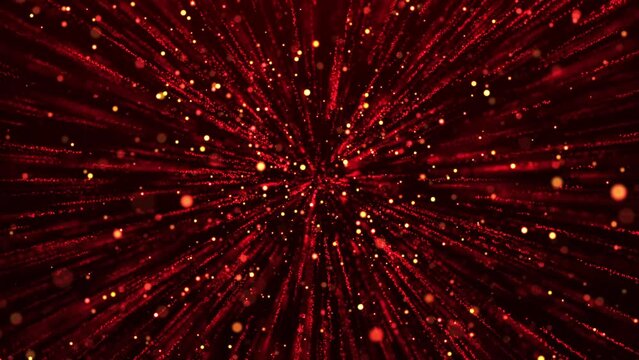 Abstract colorful dust explosion of red particles, movement of luminous particles, speed of light, fireworks from dots and particles, futuristic background. Seamless looping 4k video.