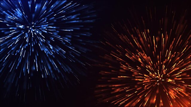 Abstract colorful dust explosion particles, movement of luminous particles, speed of light, fireworks from dots and particles, futuristic background. Seamless looping 4k video.
