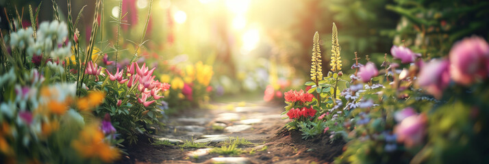 Beautiful blooming flowerbeds along winding stone pathway in sunny summer garden. - obrazy, fototapety, plakaty