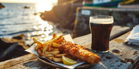 Delicious fish and chips on wooden table of outdoor cafe in Ireland. Crispy beer battered fish, fresh hot French fries and a glass of dark stout beer. Traditional Irish food. - obrazy, fototapety, plakaty