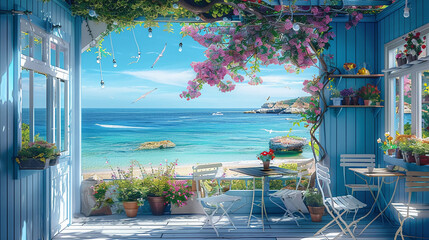 Beautiful summer cafe with blue walls. AI generative