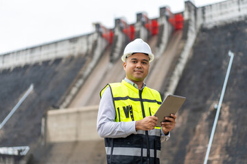 Professional asian maintenance engineer man with safety helmet in construction site dam with hydroelectric power plant and irrigation. Manager engineer man working with tablet at project big building.