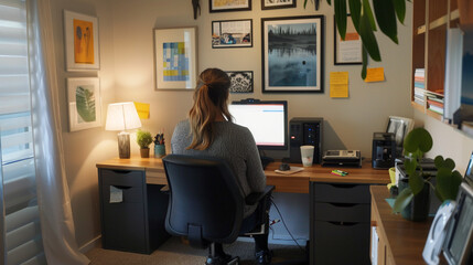 Business professional with autism in a sensory-friendly home office - calm colors, organized, serene setting, .