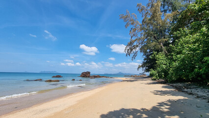 A sandy beach extends next to the sparkling ocean under a clear blue sky, creating a tranquil scene of natural beauty