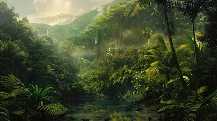Zelfklevend Fotobehang Lush jungle landscape in watercolor style. © Khalif