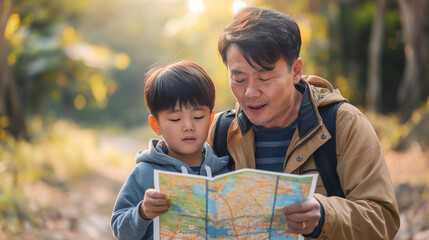 Asian Father and son with a map, planning a road trip. Happy father's day