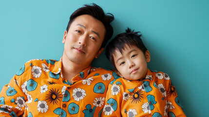 Asian father and son wearing matching outfits lying on blue pastel background. Happy father's day