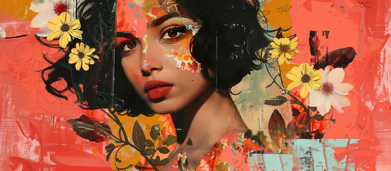 Striking digital art piece of a woman's face partially covered with bright flowers against a vivid red backdrop