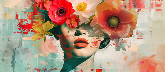 Striking digital artwork of a woman's portrait blended with vivid floral patterns and abstract paint textures