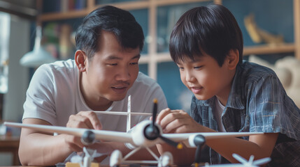 Asian father and son working on a model airplane. Family time. Happy father's day