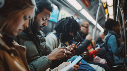 Crowded train, diverse group of commuters, some reading, others on phones - close-up shots, dynamic lighting, urban vibe. - obrazy, fototapety, plakaty