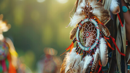 An elaborate dream catcher adorned with feathers and beads representing Native American culture