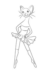 Bald cat Sphinx dancer in fluffy skirt and dance shoes. Vector stylized drawing with one black line on white background. Coloring book for children, silhouette of ballerina anthropomorphic animal