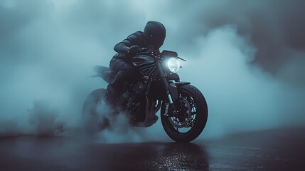 A rider performing a burnout on their sport bike, leaving behind a cloud of smoke as they rev the...