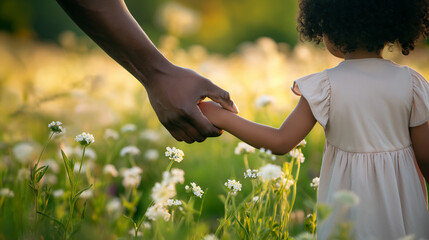 African American father and daughter holding hands in flower field. Happy father's day