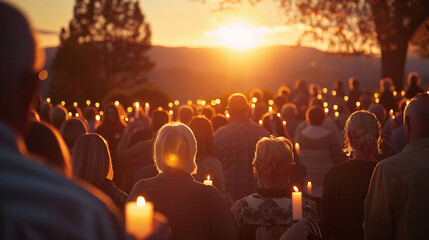 Easter sunrise service, outdoor, congregation holding candles - tranquil, soft dawn light, spiritual, - obrazy, fototapety, plakaty