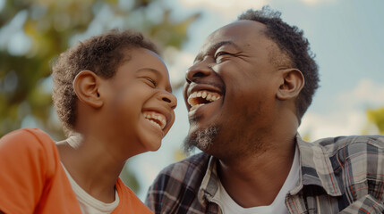 Close-up of African American Father and son laughing together. Happy Father's day