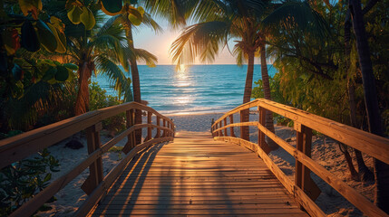 Wooden boardwalk leading to the beach at sunset - obrazy, fototapety, plakaty