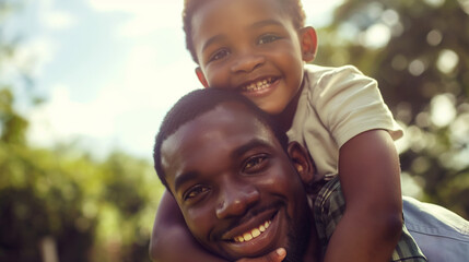 African American Father giving his son a piggyback ride and smiling. Happy Father's day