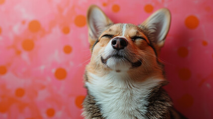 Content corgi dog with eyes closed against a colorful background