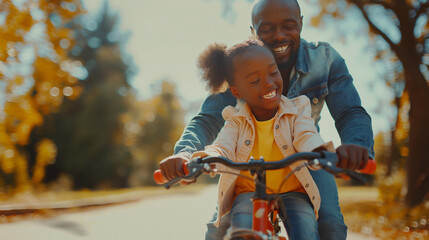 African American father teaching daughter to ride a bike, gentle moment of care, park background. Happy Father's day