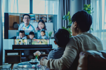 Naklejka premium Family video call, celebrating Mother's Day remotely, screens showing love - split-screen view, connected despite distance,