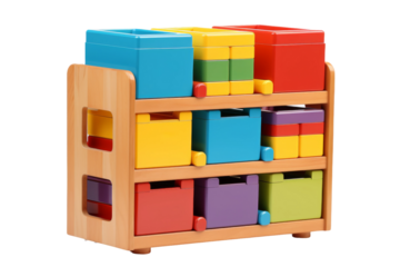 Colorful Wooden Toy Shelf With Bins. On a White or Clear Surface PNG Transparent Background.