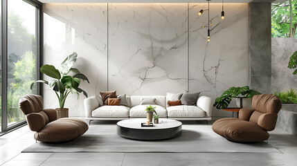 Fototapeta na wymiar Spacious Living Room With Abundance of White Furniture. Scandinavian home interior design of modern living home