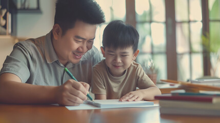Son and father drawing together, family time. Happy Father's day