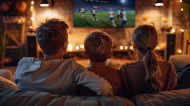 Family watching Olympic games at home, kids mimicking athletes - cozy, engaging, family bonding,