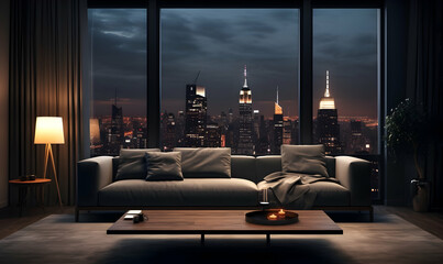 Modern living room interior with night city view, sofa and coffee table. 3D Rendering
